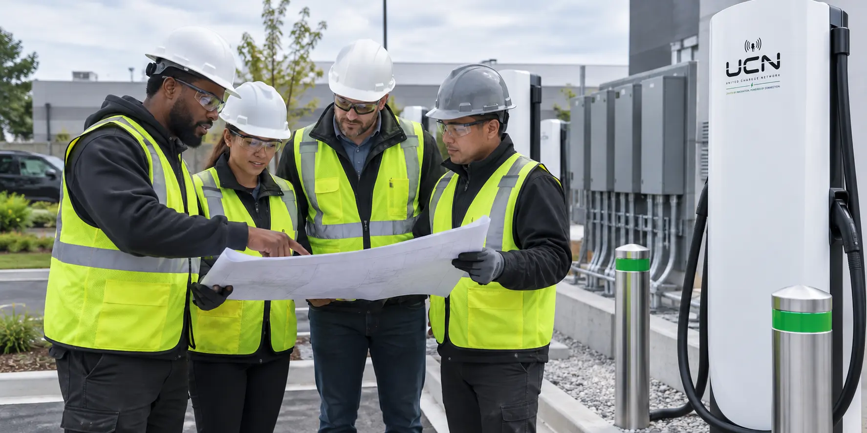 Electrical infrastructure professionals reviewing EV charging site plans