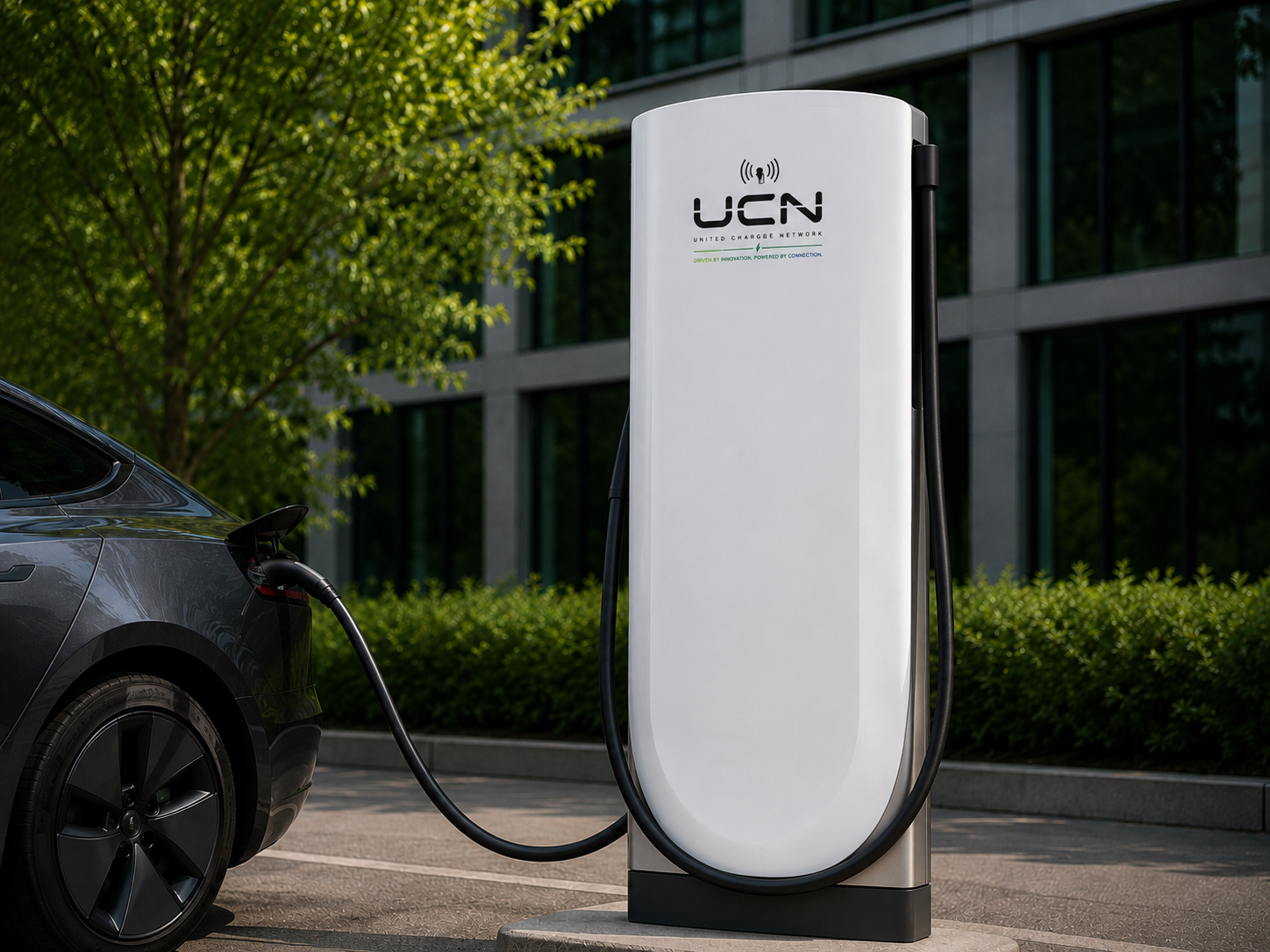 United Chargers Network branded EV charger with a vehicle charging in the background