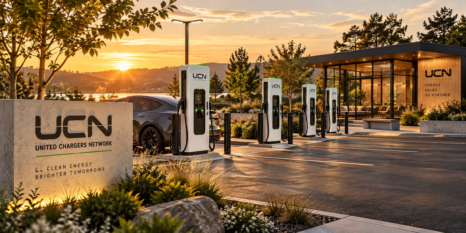 United Chargers Network current project concept showing a modern charging destination and lounge at sunset