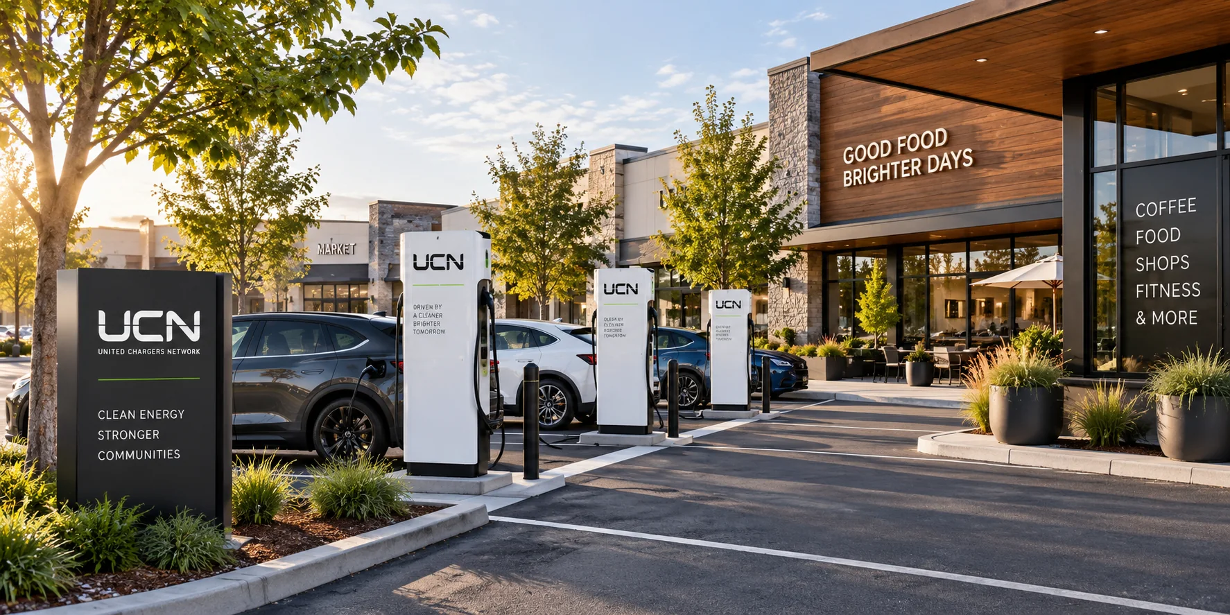 United Chargers Network fast chargers serving a modern retail destination